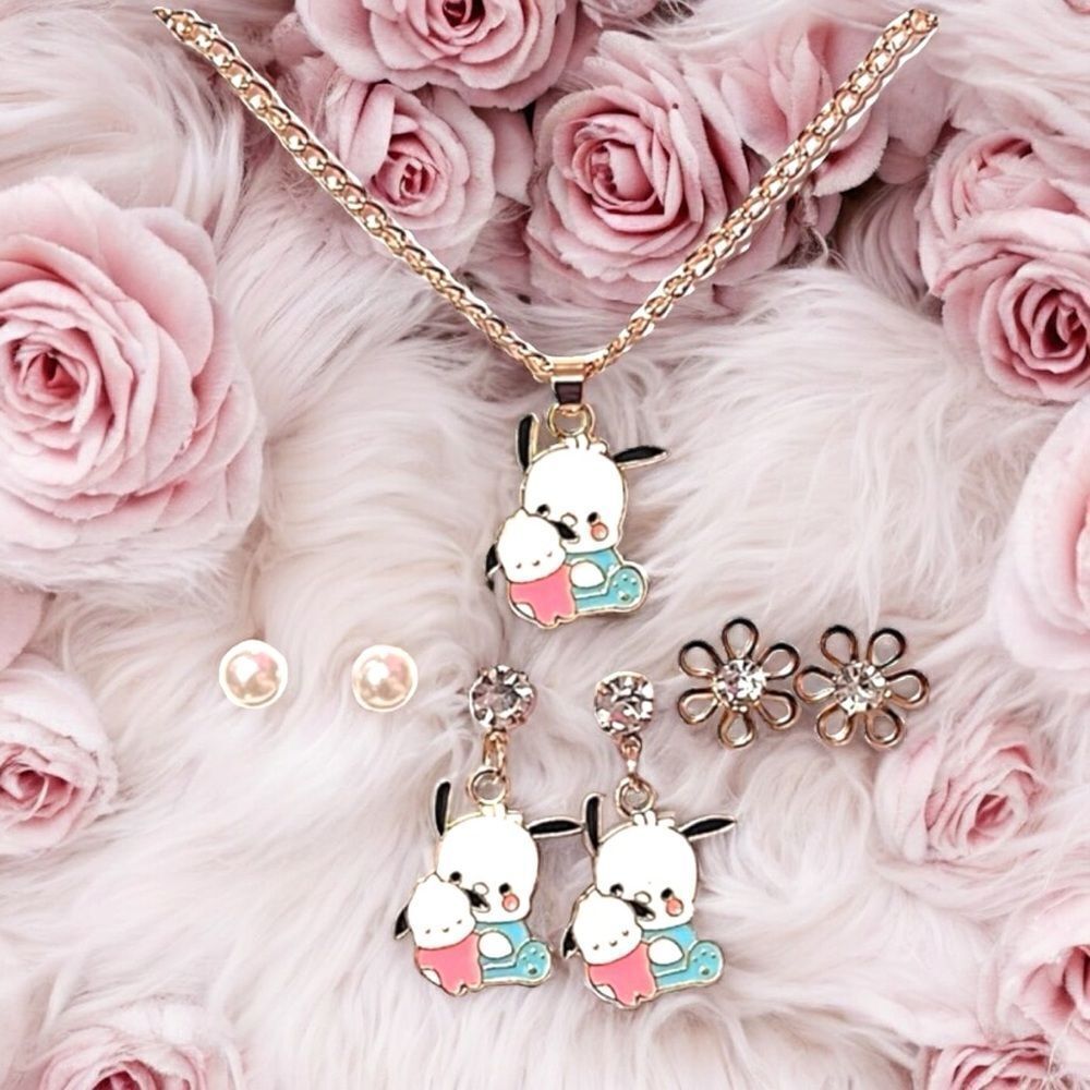 Super Cute Pochacco Necklace And Earrings Set